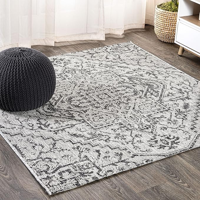 JONATHAN Y Boho Medallion Indoor Outdoor Square Area Rug 3X3 Black/Gray by JONATHANY