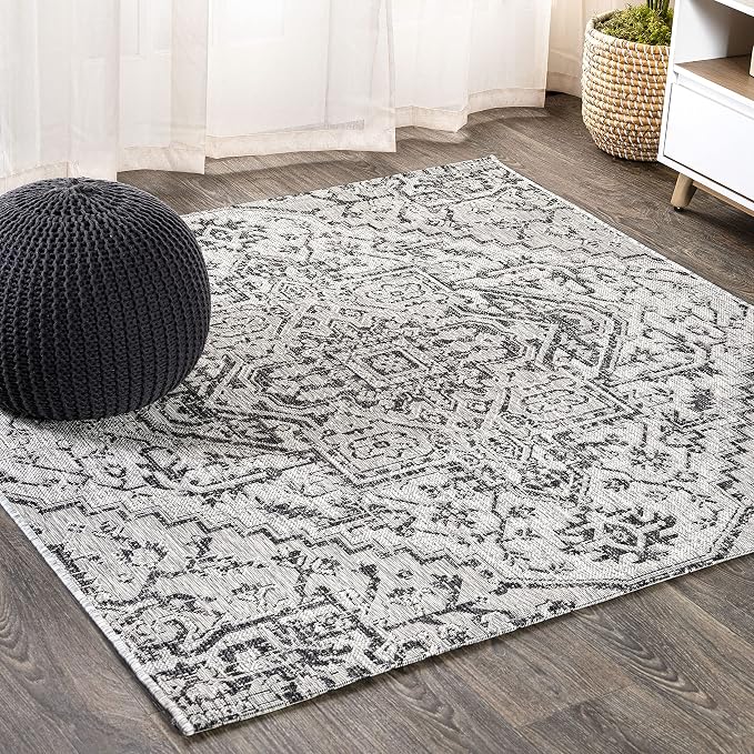 JONATHAN Y Boho Medallion Indoor Outdoor Square Area Rug 8X8 Black/Gray by JONATHANY