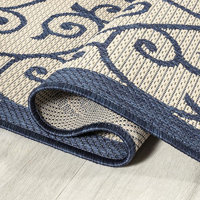 JONATHAN Y Vintage Filigree Indoor Outdoor Area Rug 5X8 Navy/Beige, Madrid - Image 5