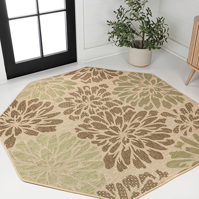 JONATHAN Y Floral Textured Weave Indoor Outdoor Octagon Area Rug 5 Ft Sage/Brown by JONATHANY