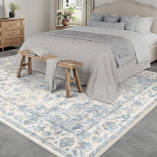 8x10 Washable Neutral Area Rug Blue Vintage Living Room Bedroom Carpet Non-Slip - Image 2