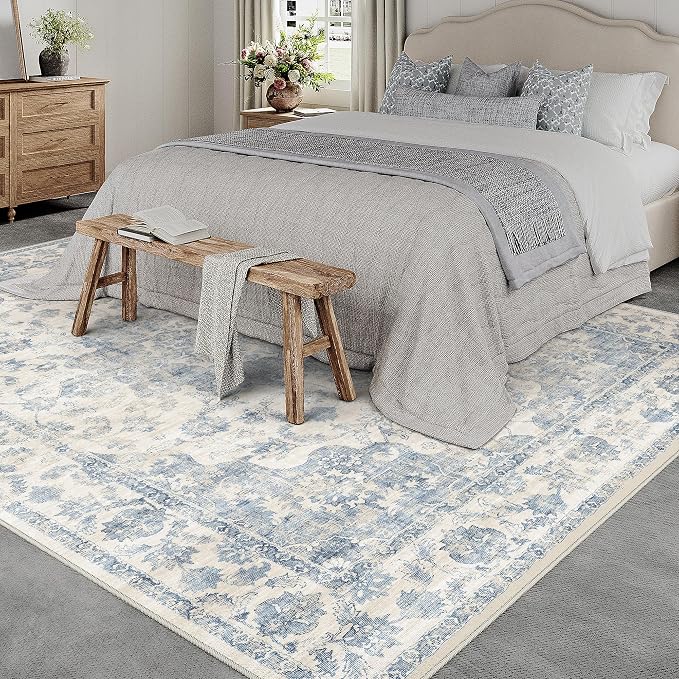 6x9 Washable Neutral Area Rug Blue Vintage Living Room Bedroom Carpet Non-Slip - Image 2