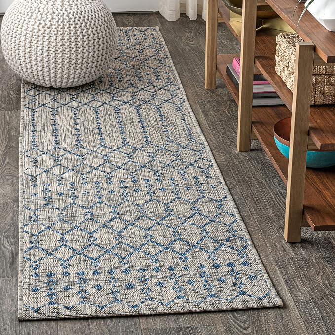 JONATHAN Y Moroccan Geometric Indoor Outdoor Runner Rug 2X8 Light Gray/Navy by JONATHANY