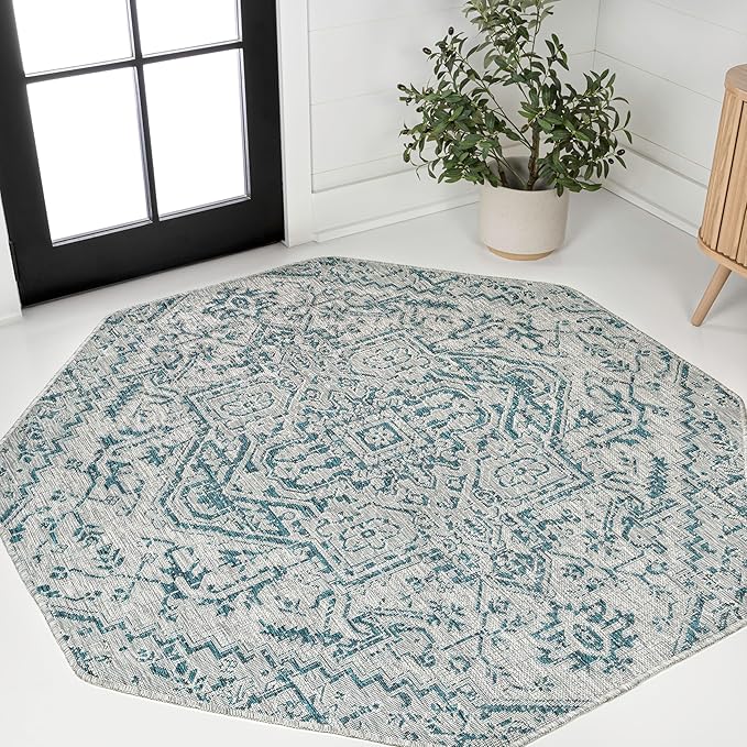 JONATHAN Y Boho Medallion Indoor Outdoor Octagon Area Rug 8 Ft Teal/Gray by JONATHANY