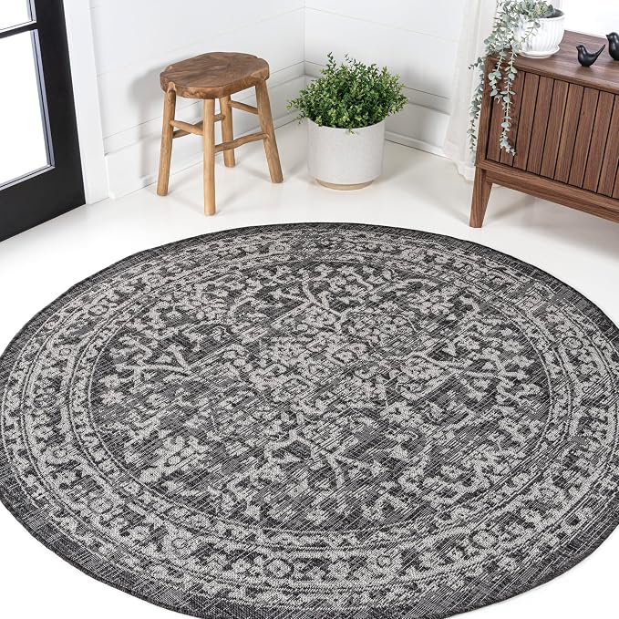 JONATHAN Y Boho Medallion Indoor Outdoor Round Area Rug 9 Ft Black/Gray - Image 3