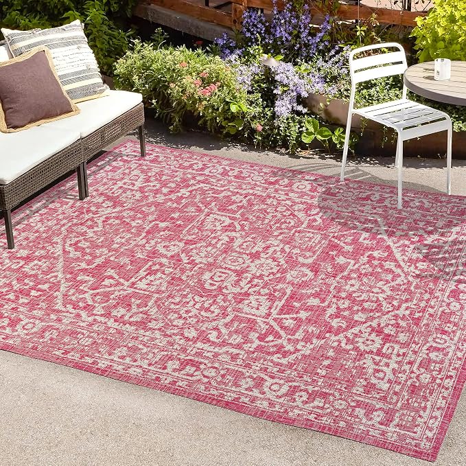 JONATHAN Y Boho Medallion Indoor Outdoor Area Rug 4X6 Fuchsia/Light Gray - Image 3