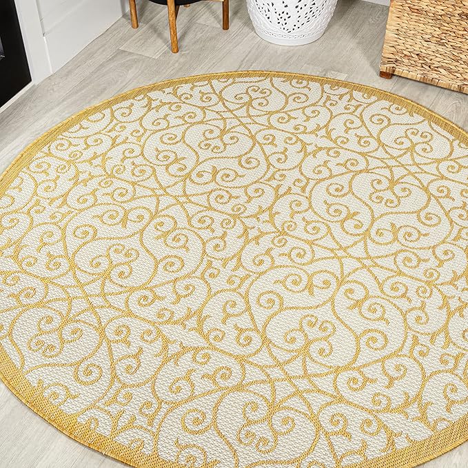 JONATHAN Y Vintage Filigree Indoor Outdoor Round Area Rug 5 Ft Cream/Yellow by JONATHANY