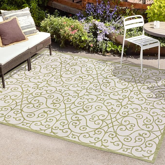JONATHAN Y Vintage Filigree Indoor Outdoor Area Rug 9X12 Green/Cream, Madrid - Image 4