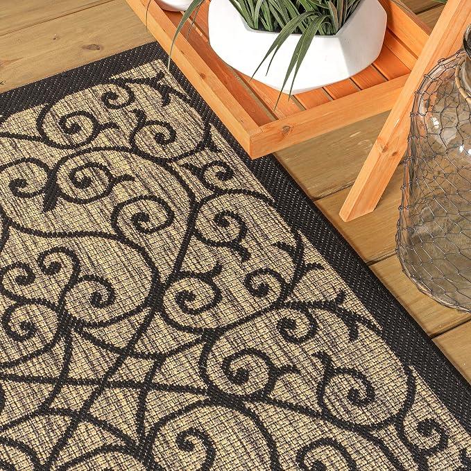 JONATHAN Y Vintage Filigree Indoor Outdoor Round Area Rug 5 Ft Black/Khaki - Image 4