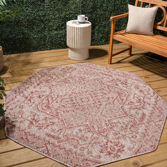 JONATHAN Y Boho Medallion Indoor Outdoor Octagon Area Rug 5 Ft Red/Taupe - Image 3