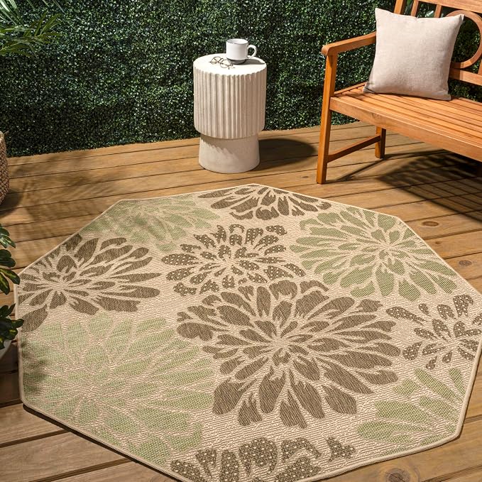 JONATHAN Y Floral Textured Weave Indoor Outdoor Octagon Area Rug 5 Ft Sage/Brown - Image 3