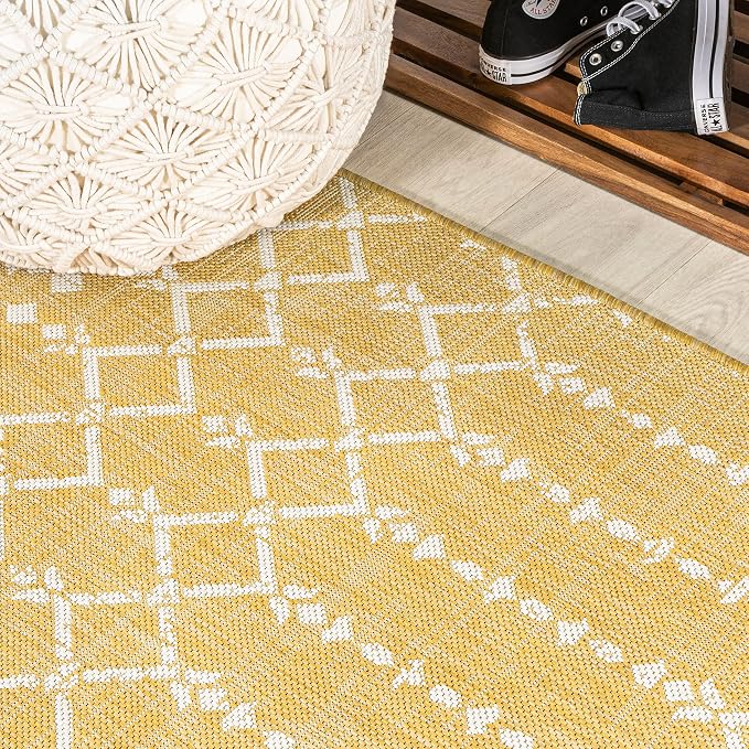 JONATHAN Y Moroccan Geometric Indoor Outdoor Round Area Rug 5 Ft Yellow/Cream - Image 5