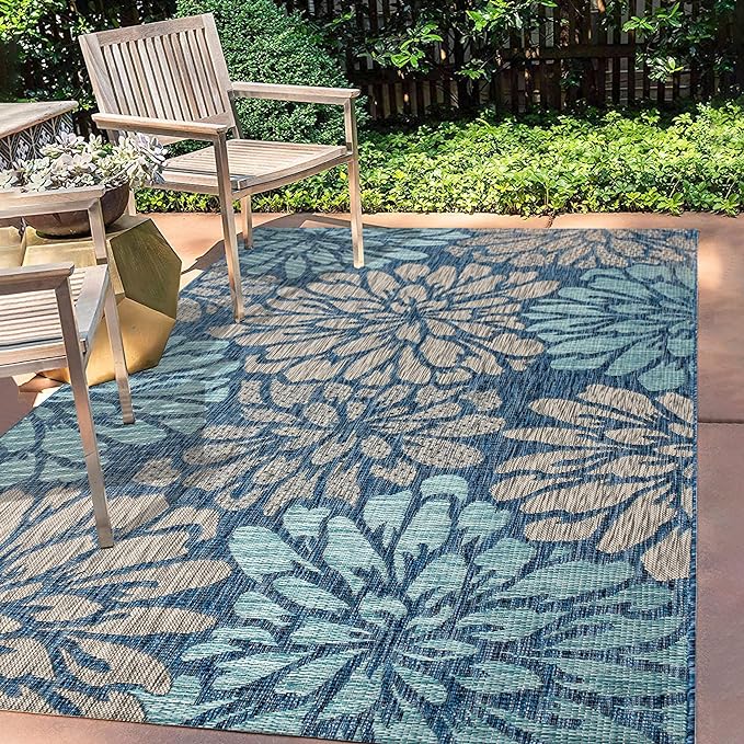 JONATHAN Y Floral Textured Weave Indoor Outdoor Area Rug 5X8 Navy/Aqua by JONATHANY