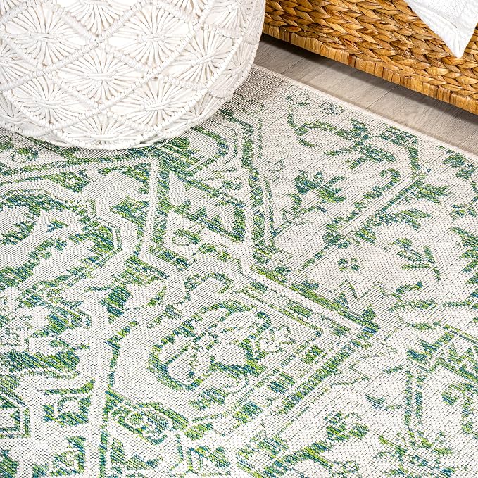 JONATHAN Y Boho Medallion Indoor Outdoor Round Area Rug 5 Ft Green/Cream - Image 3