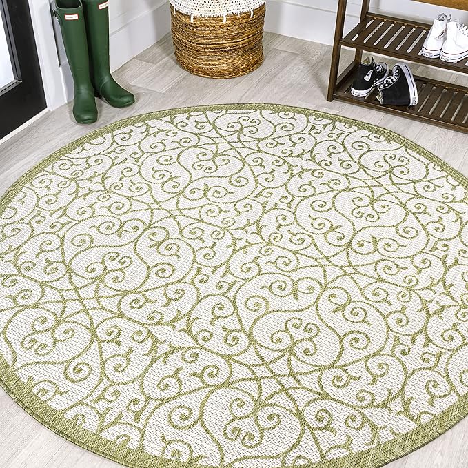 JONATHAN Y Vintage Filigree Indoor Outdoor Round Area Rug 5 Ft Green/Cream by JONATHANY