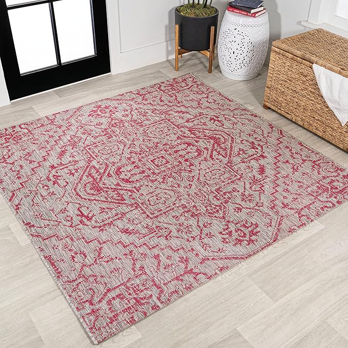 JONATHAN Y Boho Medallion Indoor Outdoor Square Area Rug 5X5 Light Gray/Fuchsia by JONATHANY