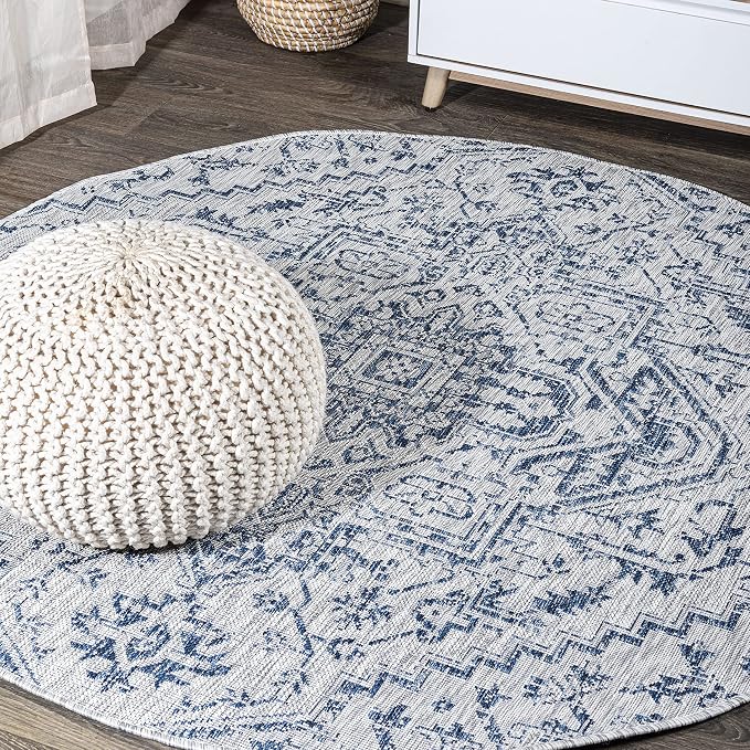 JONATHAN Y Boho Medallion Indoor Outdoor Round Area Rug 8 Ft Navy/Gray by JONATHANY
