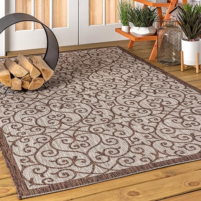 JONATHAN Y Vintage Filigree Indoor Outdoor Area Rug 9X12 Taupe/Espresso - Image 4