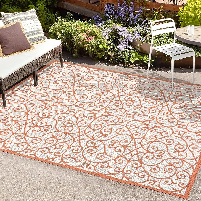 JONATHAN Y Vintage Filigree Indoor Outdoor Area Rug 4X6 Cream/Orange, Madrid - Image 3