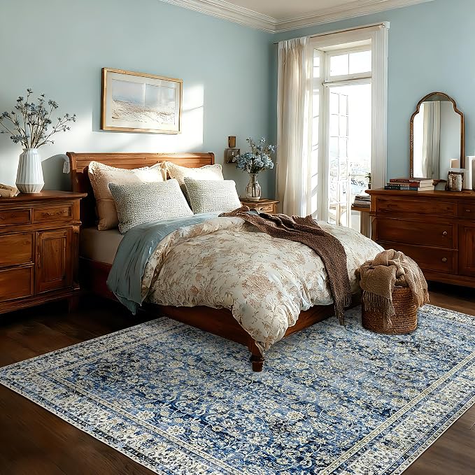 Blue Area Rugs 5x7 Vintage Boho Flower Distressed Low Pile Rug - Image 8