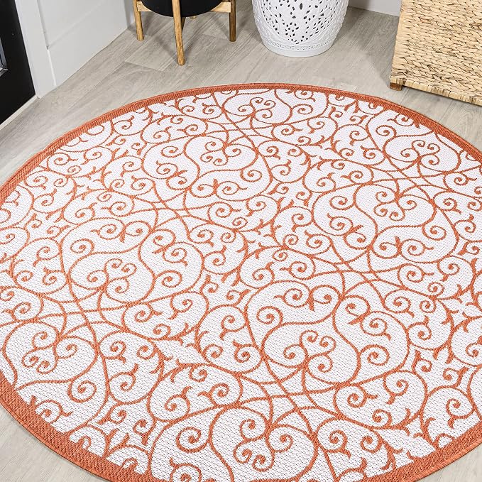 JONATHAN Y Vintage Filigree Indoor Outdoor Round Area Rug 5 Ft Cream/Orange by JONATHANY