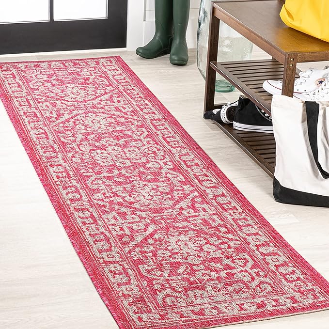 JONATHAN Y Boho Medallion Indoor Outdoor Runner Rug 2X10 Fuchsia/Light Gray by JONATHANY