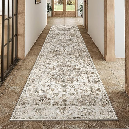 2x8 Washable Neutral Runner Rug Brown Vintage Hallway Kitchen Carpet Non-Slip by WondRg