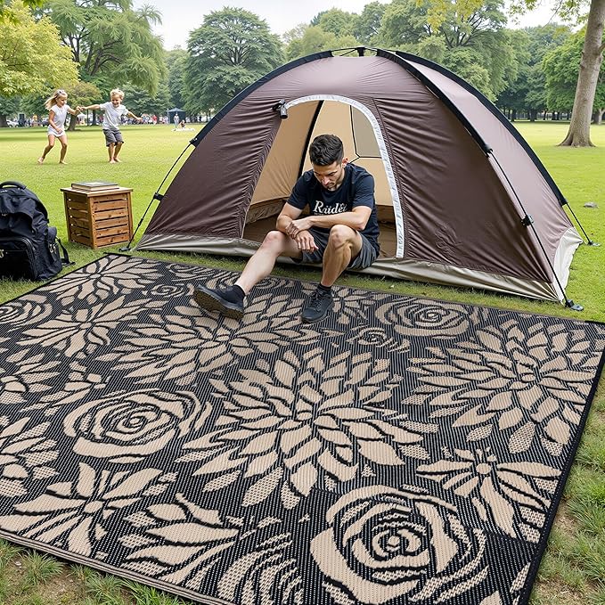 Outdoor Plastic Straw Rug Waterproof Patio 5x8 Black Brown Floral Mat - Image 4