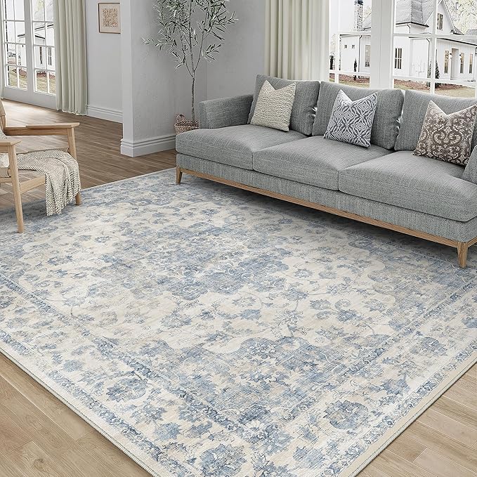 5x7 Washable Neutral Area Rug Blue Vintage Living Room Bedroom Carpet Non-Slip by WondRg