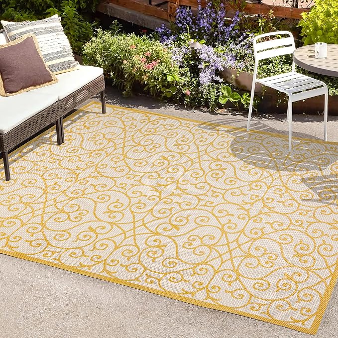 JONATHAN Y Vintage Filigree Indoor Outdoor Area Rug 3X5 Cream/Yellow, Madrid - Image 4