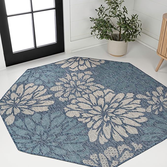 JONATHAN Y Floral Textured Weave Indoor Outdoor Octagon Area Rug 5 Ft Navy/Aqua by JONATHANY