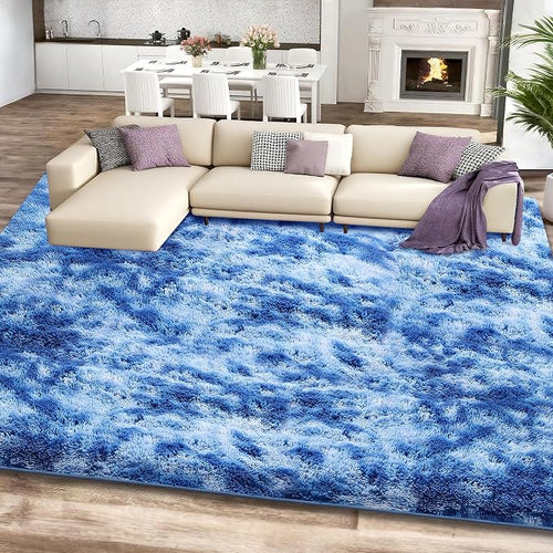 8x10 Shag Area Rugs for Living Room, Tie-Dyed Blue Large Fluffy Shaggy Rug for by Unknown