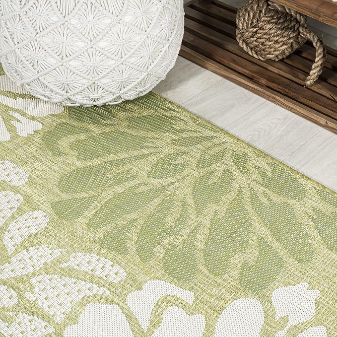 JONATHAN Y Floral Textured Weave Indoor Outdoor Runner Rug 2X10 Green/Cream - Image 3