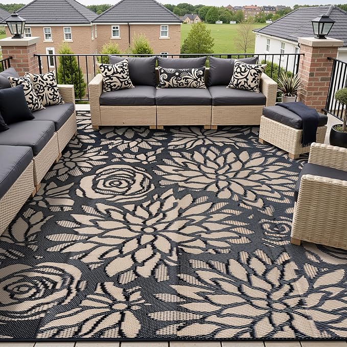 Outdoor Plastic Straw Rug Waterproof Patio 8x10 Black Brown Floral Mat by WondRg