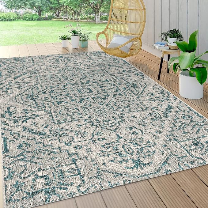 JONATHAN Y Boho Medallion Indoor Outdoor Area Rug 5X8 Teal/Gray, Estrella - Image 3