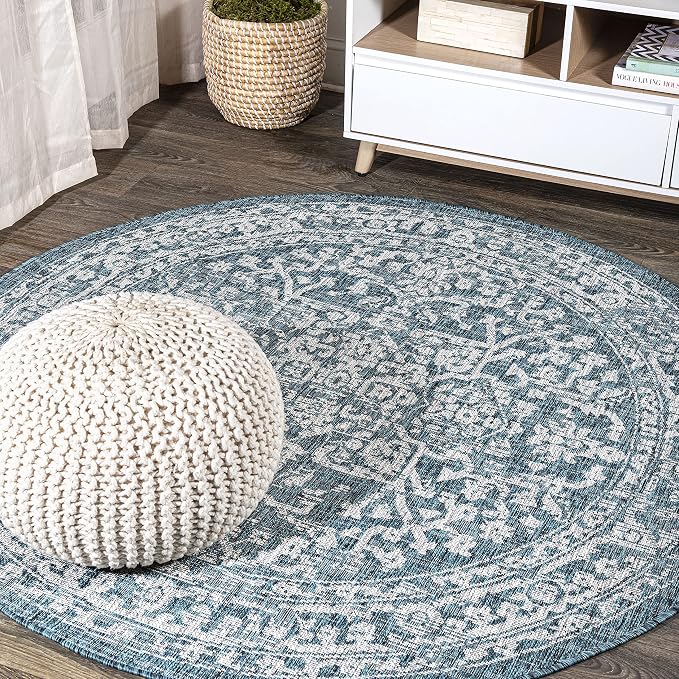 JONATHAN Y Boho Medallion Indoor Outdoor Round Area Rug 4 Ft Teal/Gray by JONATHANY