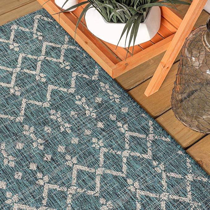 JONATHAN Y Moroccan Geometric Indoor Outdoor Round Area Rug 9 Ft Teal/Gray - Image 8