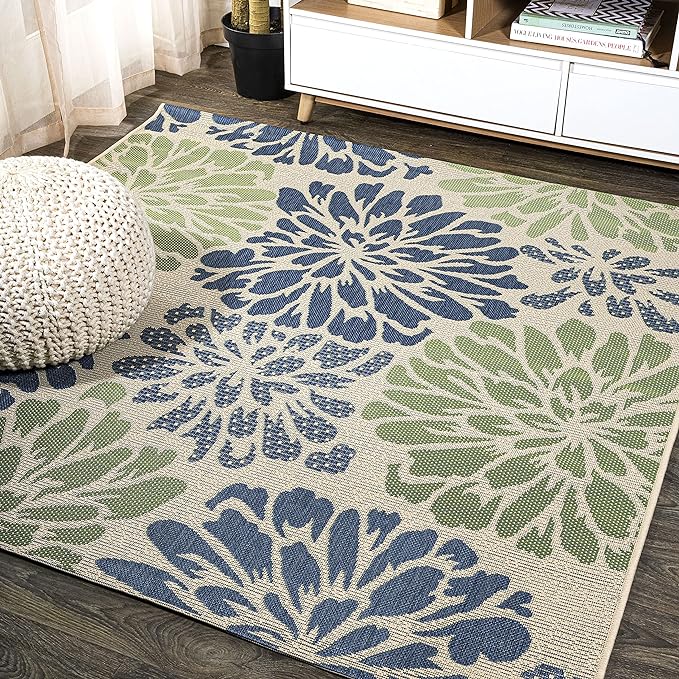 JONATHAN Y Floral Textured Weave Indoor Outdoor Square Area Rug 6X6 Navy/Green by JONATHANY