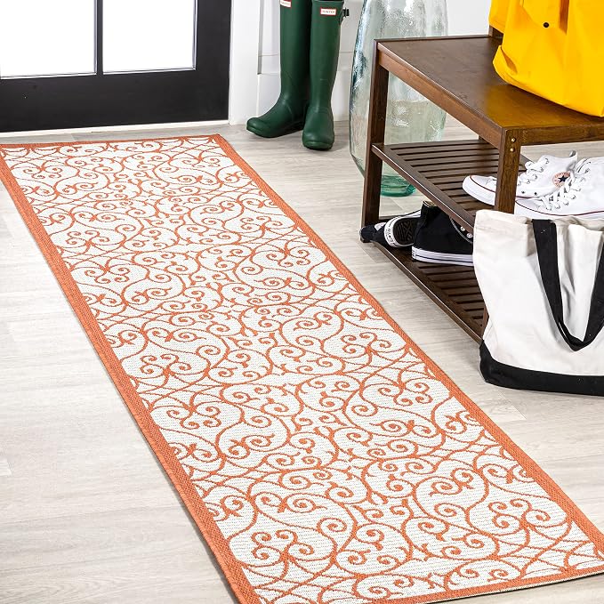 JONATHAN Y Vintage Filigree Indoor Outdoor Runner Rug 2X8 Cream/Orange by JONATHANY