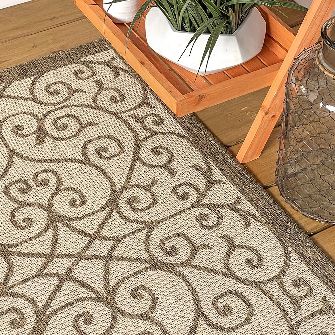 JONATHAN Y Vintage Filigree Indoor Outdoor Round Area Rug 5 Ft Beige/Brown - Image 3