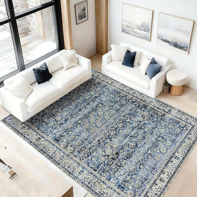 Blue Area Rugs 5x7 Vintage Boho Flower Distressed Low Pile Rug - Image 9