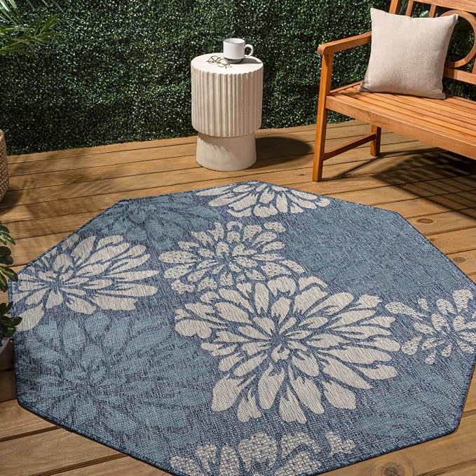 JONATHAN Y Floral Textured Weave Indoor Outdoor Octagon Area Rug 5 Ft Navy/Aqua - Image 3