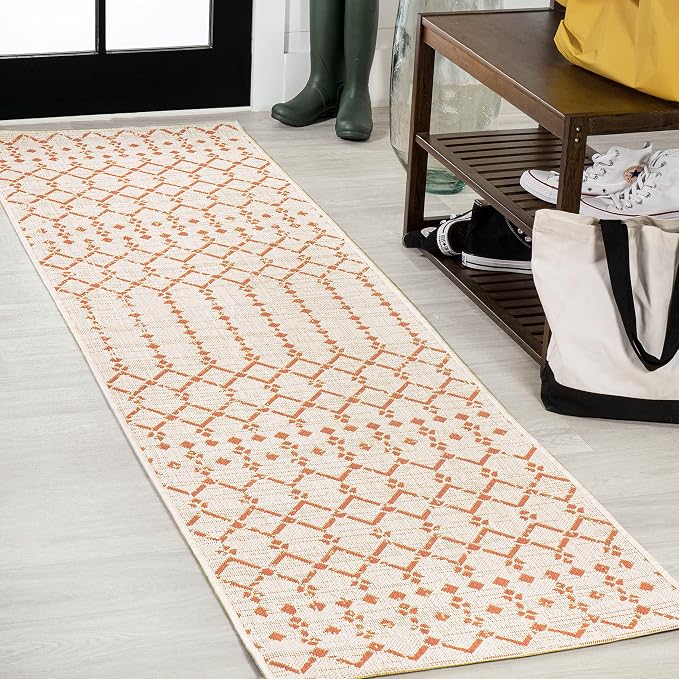 JONATHAN Y Moroccan Geometric Indoor Outdoor Runner Rug 2X10 Cream/Orange by JONATHANY
