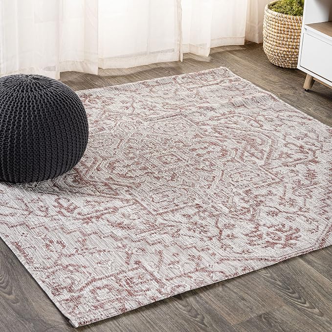 JONATHAN Y Boho Medallion Indoor Outdoor Square Area Rug 5X5 Red/Taupe by JONATHANY