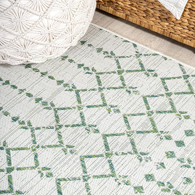 JONATHAN Y Moroccan Geometric Indoor Outdoor Round Area Rug 5 Ft Green/Ivory - Image 5