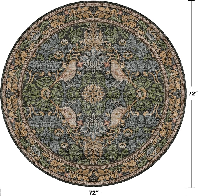 Washable Round Area Rugs 6ft for Living Room, Vintage Large Boho Floral Bird - Image 2