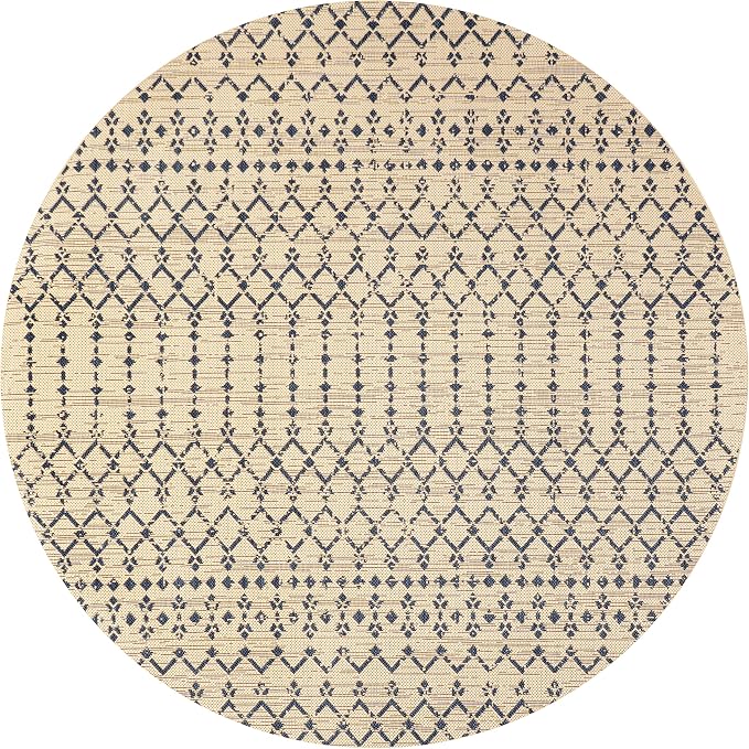 JONATHAN Y Moroccan Geometric Indoor Outdoor Round Area Rug 4 Ft Beige/Navy - Image 8