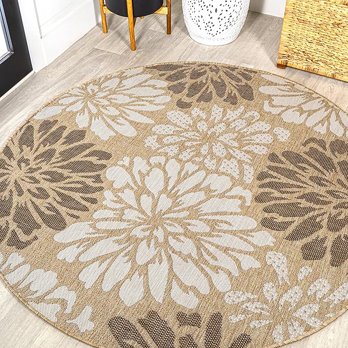 JONATHAN Y Floral Textured Weave Indoor Outdoor Round Area Rug 5 Ft Brown/Cream by JONATHANY