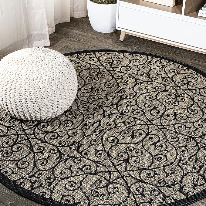 JONATHAN Y Vintage Filigree Indoor Outdoor Round Area Rug 4 Ft Black/Khaki by JONATHANY
