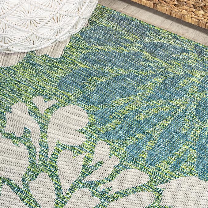 JONATHAN Y Floral Textured Weave Indoor Outdoor Round Area Rug 6 Ft Cream/Green - Image 6